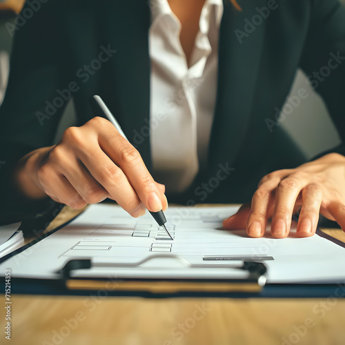 Close-up shot of a businesswoman using education technology to check and rate documents online. She confidently places a checkmark on the check box of a test or rating scale, showcasing the efficiency