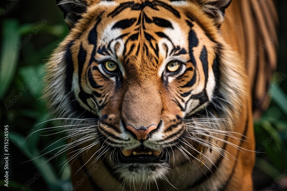 close-up shot of a tiger in forest. generative ai close-up shot of a tiger in forest. generative ai