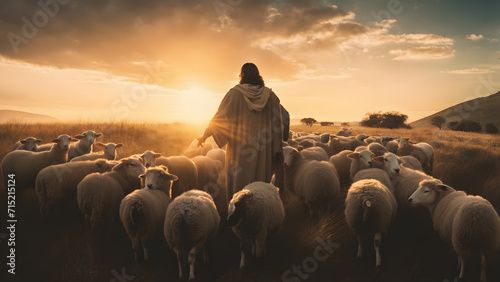 A bible jesus shepherd with his flock of sheep during sunset