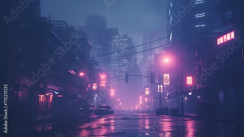 Cyberpunk City Streets, Futuristic City at Night, Foggy, Urban, Sci-fi, Cyber 