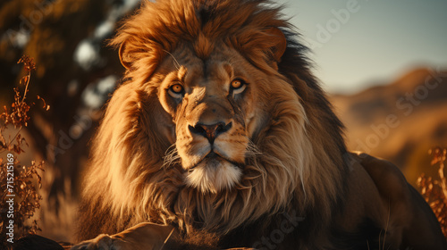portrait of a lion, majestic lion in savannah, photorealistic, high resolution, golden hour light © Aleksandra