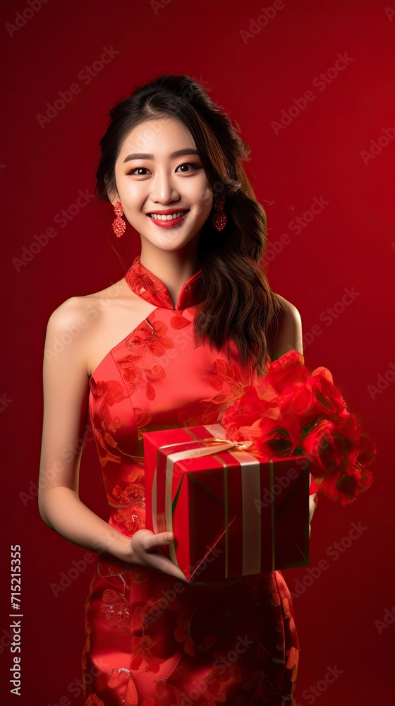 A Chinese bride, Wearing a red bridal dress, Holding a big gift box in his hand, With a smile, A red background, A festive atmosphere, Movie shot, Movie lighting with generative ai A Chinese bride, Wearing a red bridal dress, Holding a big gift box in his hand, With a smile, A red background, A festive atmosphere, Movie shot, Movie lighting with generative ai
