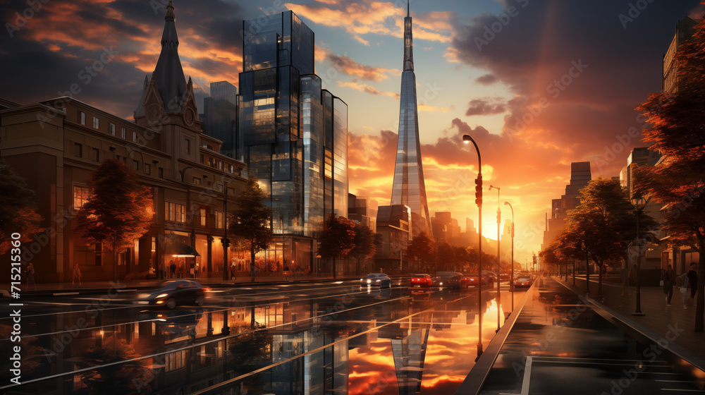 view of the old town, modern skyscraper at sunset, photorealistic, architectural realism