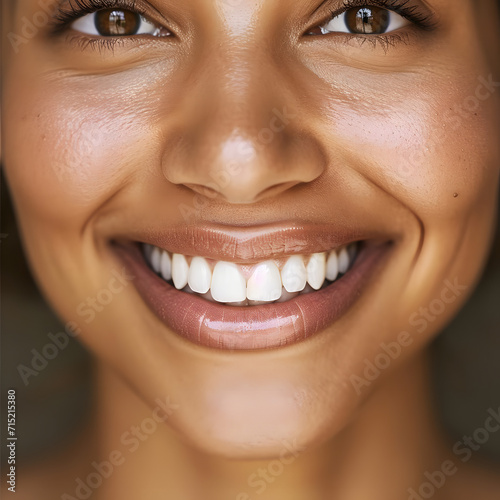 Close-up portrait of a woman with a radiant smile  radiating joy and happiness.