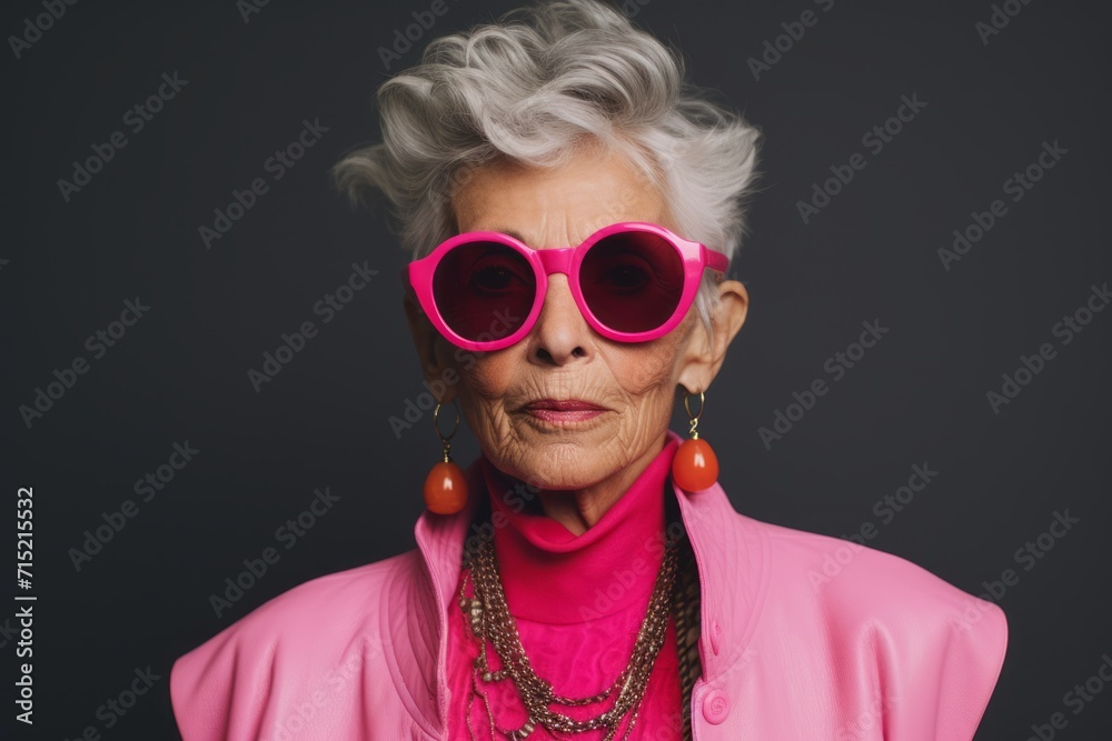 Elegant senior woman wearing pink sunglasses and a pink jacket. Elegant senior woman wearing pink sunglasses and a pink jacket.