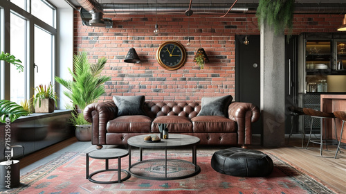 Living room in industrial style with leather sofa and brick wall . Ai Generative