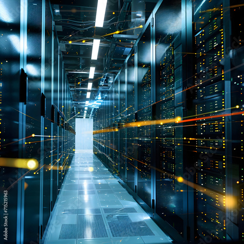 A dark room filled with server racks in a modern data technology center. The scene is infused with visual effects, portraying the internet traffic and digitalization concept. The image highlights the 