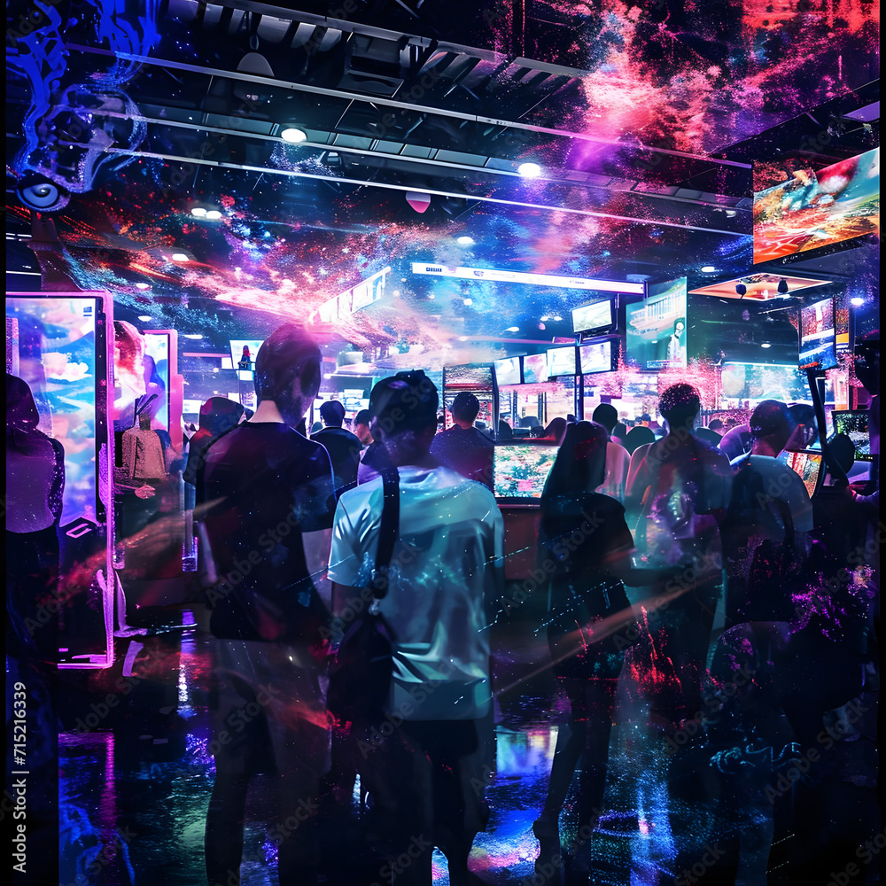 A lively world region gaming expo filled with enthusiastic gamers participating in gaming competitions and amusement. Hand-edited generative AI effects enhance the vibrant atmosphere.