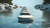 A image of stepping stones in a pond, the scene simplicity encouraging a meditation. 3D rendered