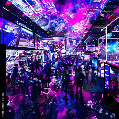 A lively world region gaming expo filled with enthusiastic gamers participating in gaming competitions and amusement. Hand-edited generative AI effects enhance the vibrant atmosphere.