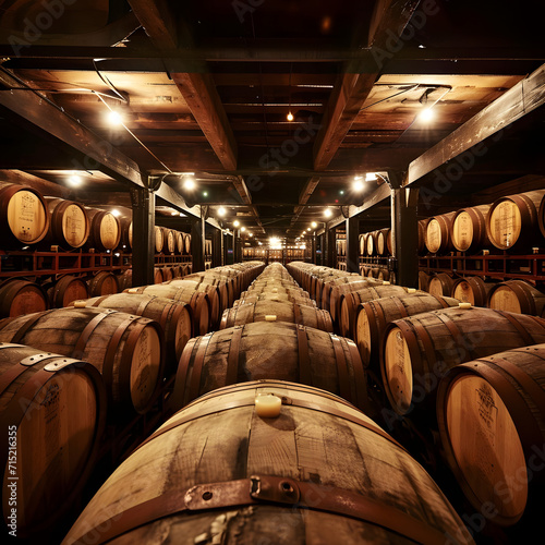Interior of an aging facility with rows of oak barrels used for aging whiskey, bourbon, scotch, and wine. The warm, rustic tones of the barrels create an atmospheric ambiance.