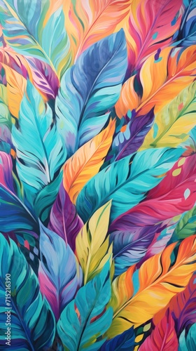 Illustrative depiction of a background filled with colorful leaves in abstract patterns