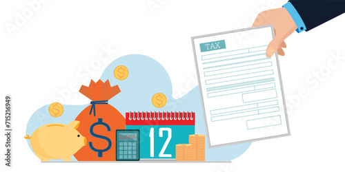 Hand holding tax form isolated on white background.
