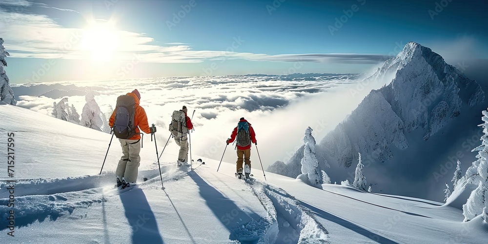 Ski adventure in snowy terrain hiker embracing hiking in winter wonderland, snow covered travel nature mountains calling people to sport cold trek in extreme landscape man active white forest - obrazy, fototapety, plakaty 