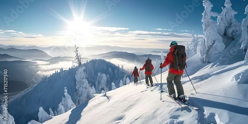 Ski adventure in snowy terrain hiker embracing hiking in winter wonderland, snow covered travel nature mountains calling people to sport cold trek in extreme landscape man active white forest photo
