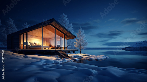 A minimalist snowy cabin at night 3D rendering