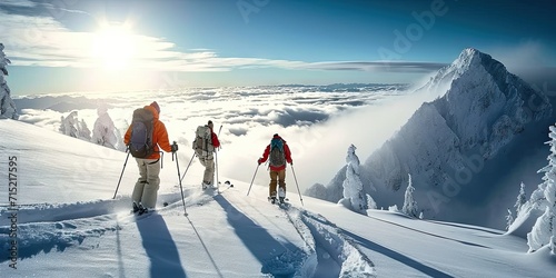 Ski adventure in snowy terrain hiker embracing hiking in winter wonderland, snow covered travel nature mountains calling people to sport cold trek in extreme landscape man active white forest © Thares2020