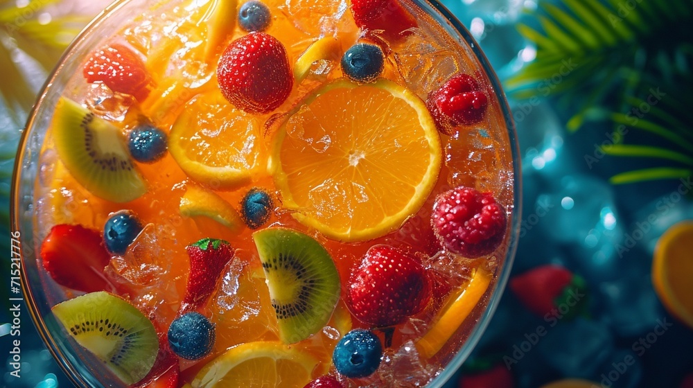 High-angle shot of a fruit punch bowl at a tropical party.
