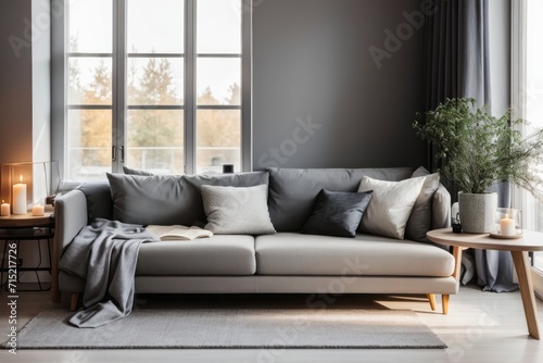 scandinavian interior home design of living room with grey sofa and candle near the window