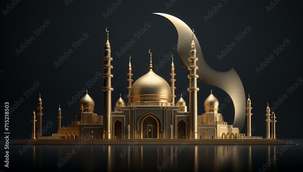 Obraz premium 3D illustration of mosque with moon on dark background. Ramadan Kareem concept.