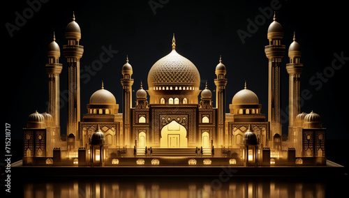 3D illustration of mosque with golden lanterns on black background.