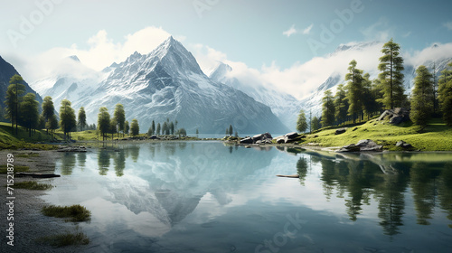 minimalist alpine lake  clarity water mirroring simplicity and tranquility of mountains. 3D rendered