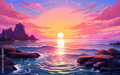 vector illustration of Sunset or sunrise on the ocean, panoramic natural landscape background