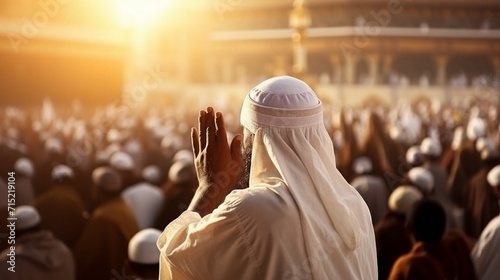 Muslim man praying in Mecca during the holy month of Ramadan with crowds in the background. photo