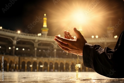 Men's hands praying in Mecca during the holy month of Ramadan with a crowd of people in the background. photo