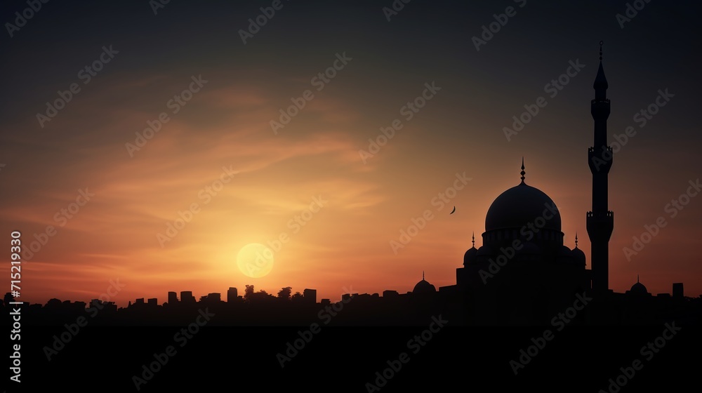 Silhouette of mosque and sunset for ramadan kareem background.