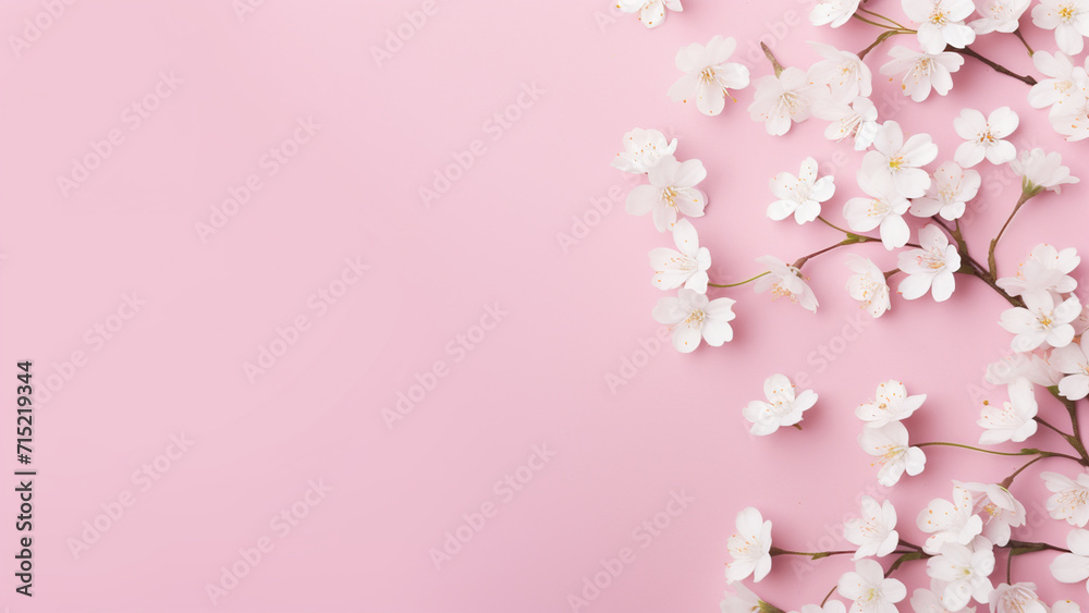 Small white flowers on pastel pink background. Happy Women's Day, Wedding, Mother's Day, Easter.