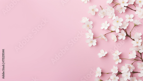 Small white flowers on pastel pink background. Happy Women's Day, Wedding, Mother's Day, Easter.