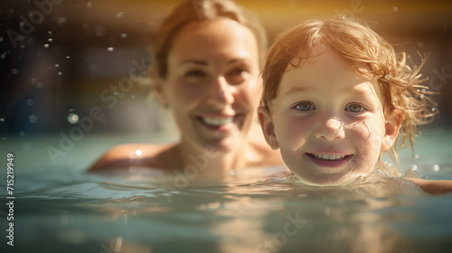 a photo with a soft focus bokeh of a mother watching her child swimming © Aura
