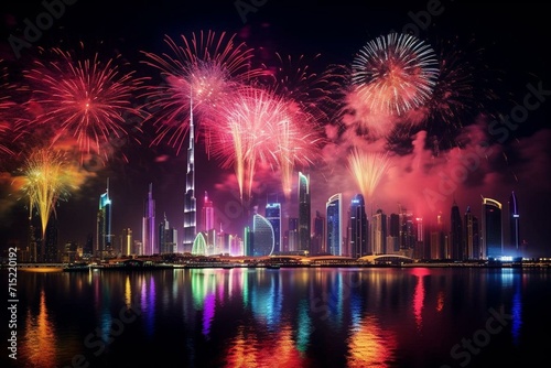 Vibrant fireworks showcase lighting up Dubai's sky to celebrate the arrival of the new year. Generative AI © Tarek