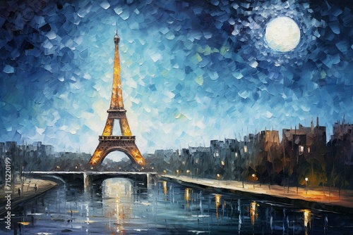 Night cityscape of Paris painted on canvas with palette knife, featuring a starry sky, full moon, and popular tourist location. Trendy wall art print and creative design. Generative AI © Dante