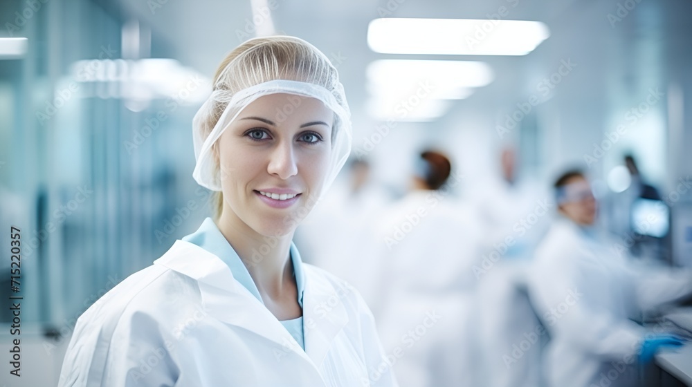 A scientist in a cleanroom looking at test tubes , scientist, cleanroom, test tubes
