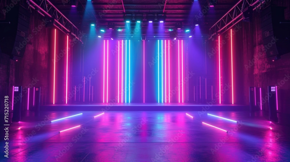 The vibrant neon lights dance and flicker across the walls of the concert hall creating a visually stunning backdrop for the lively performance - obrazy, fototapety, plakaty 