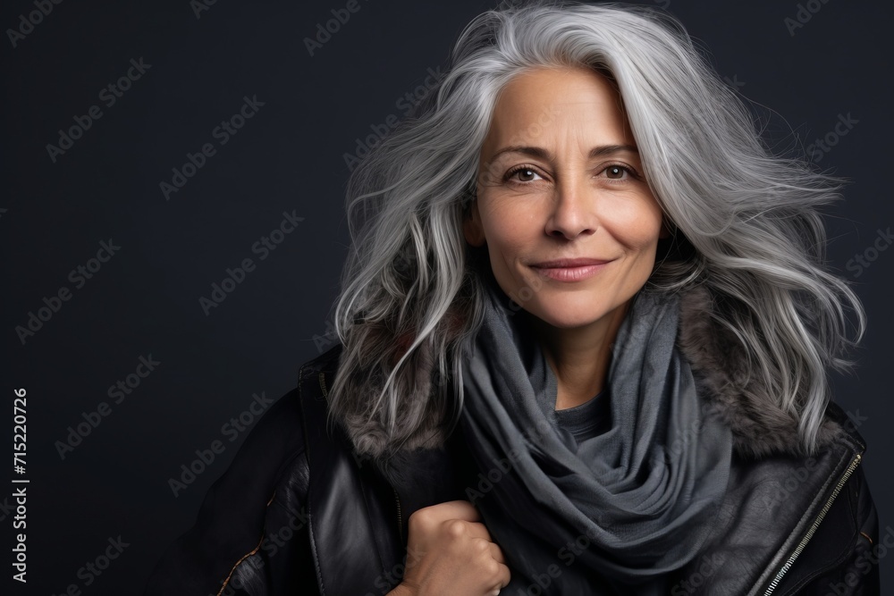Portrait of a beautiful senior woman with gray hair and a scarf.