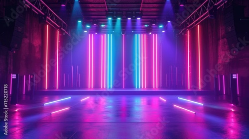 The vibrant neon lights dance and flicker across the walls of the concert hall creating a visually stunning backdrop for the lively performance