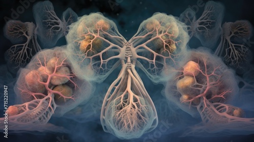 An artistic depiction of the early phases of human embryonic lung development, displaying the formation of the lung buds. photo