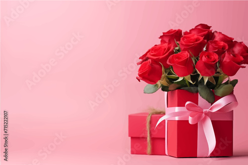 bouquet of red roses on a pink background with a gift for Valentine s Day and with a place for text  a picture for Valentine s Day  generative AI