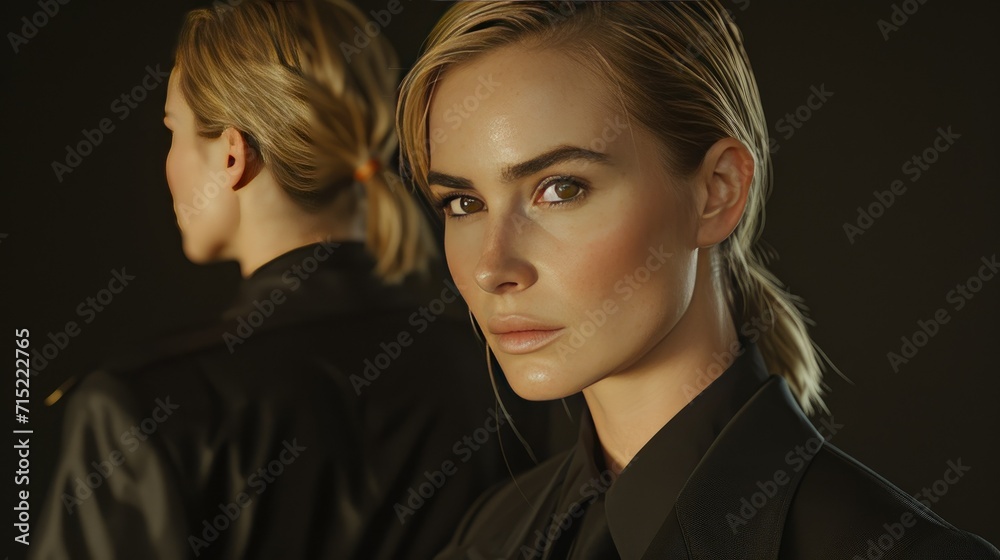 a business woman with reflection of the back of her head a business woman with reflection of the back of her head