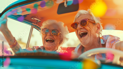 Happy senior couple having fun driving enjoying vacations trip together, Lifestyle road trip travel, colorful with warm light, empower and joyful life concept