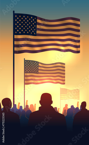 Martin Luther King Jr. Day protesters group silhouettes with american flags MLK banner vertical