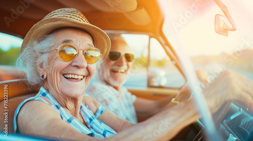 Happy senior couple having fun driving enjoying vacations trip together, Lifestyle road trip travel, colorful with warm light, empower and joyful life concept photo