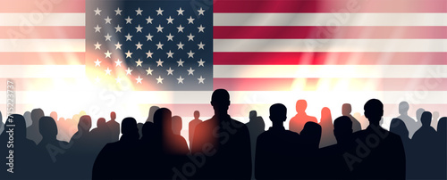 Martin Luther King Jr. Day protesters group silhouettes with american flag MLK banner horizontal