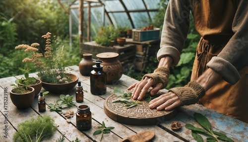 Top view perspective of individual blending herbal remedies for holistic healing
