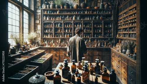 Exploring a holistic medicine storage with diverse herbs, mixers, and vials in a home setting photo