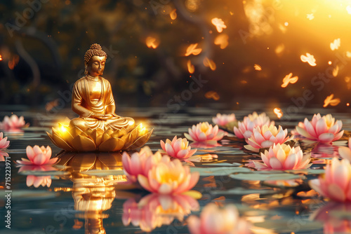 golden buddha with big glowing lotus with cherry blossom flowers  colorful flowers  nature background
