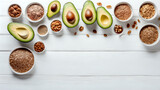 Food in omega 3 fatty acid and healthy fats. Avocado and almond, flaxseeds oil omega 3. Text space and wooden white background. Generated with AI.
